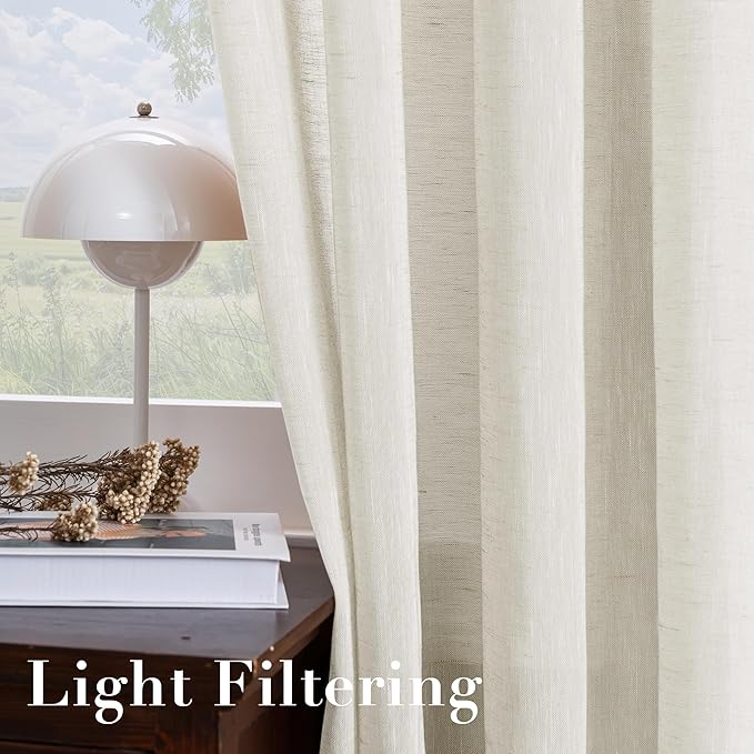 H.VERSAILTEX Linen Curtains Flax Linen Blended Curtain Panels for Living Room/Bedroom Semi Sheer Privacy Curtains 63 inch Length 2 Panels Set Nickel Grommet Window Drapes, Ivory