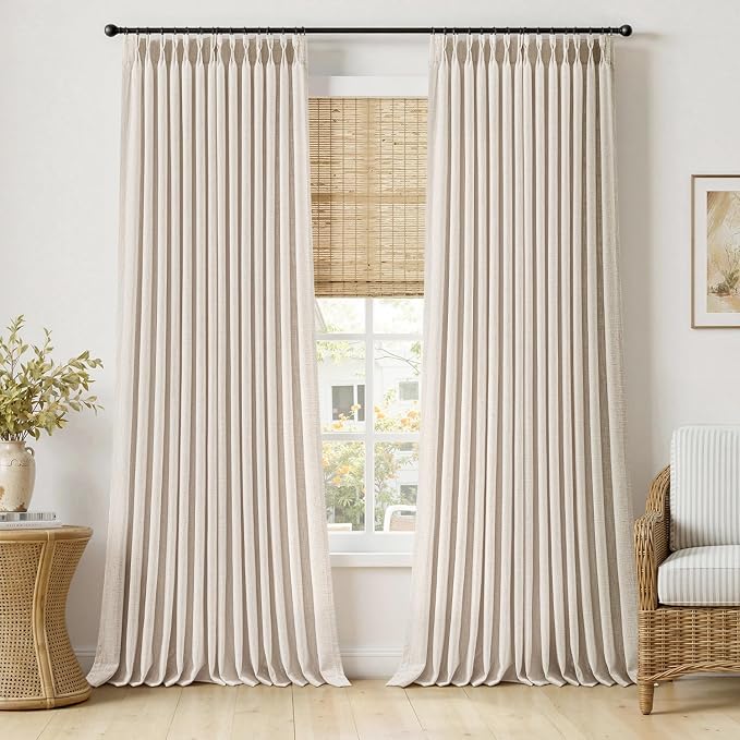 MIULEE Pinch Pleated Thick Linen Curtains 102 Inches Long 2 Panels for Living Room Bedroom, Memory Trained Pleat Drapes Back Tab Light Filtering Boho Cream Ivory Window Curtains with Hooks