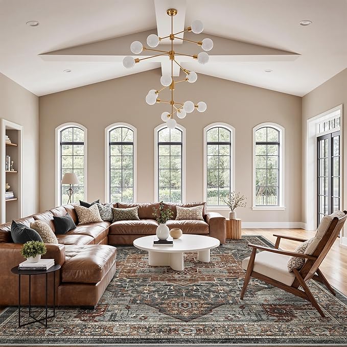 Roxstand 10x14 Area Rugs for Living Room - Large Washable Rug with Non-Slip Backing, Super Soft Vintage Carpet for Bedroom, Ultra-Thin Farmhouse Indoor Area Rug Home Decor (Grey/Brown/Tan, 10'x14')