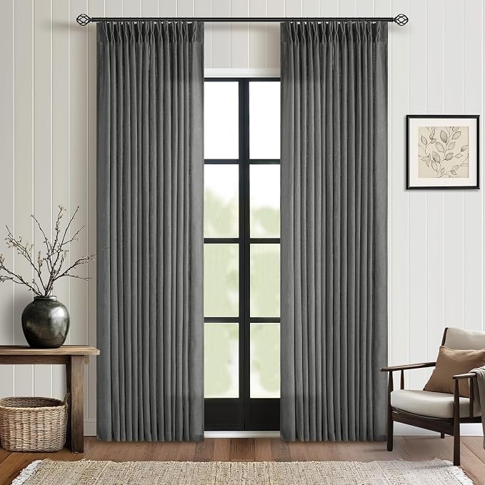 TWODRAPES Dark Grey 80 Inch Pinch Pleated Linen Curtains 2 Panel Set for Living Room Thick Linen Drapes 80 Inches Long Pinch Pleat Drapes Semi Sheer Curtain for Dining Bedroom Office Charcoal Gray
