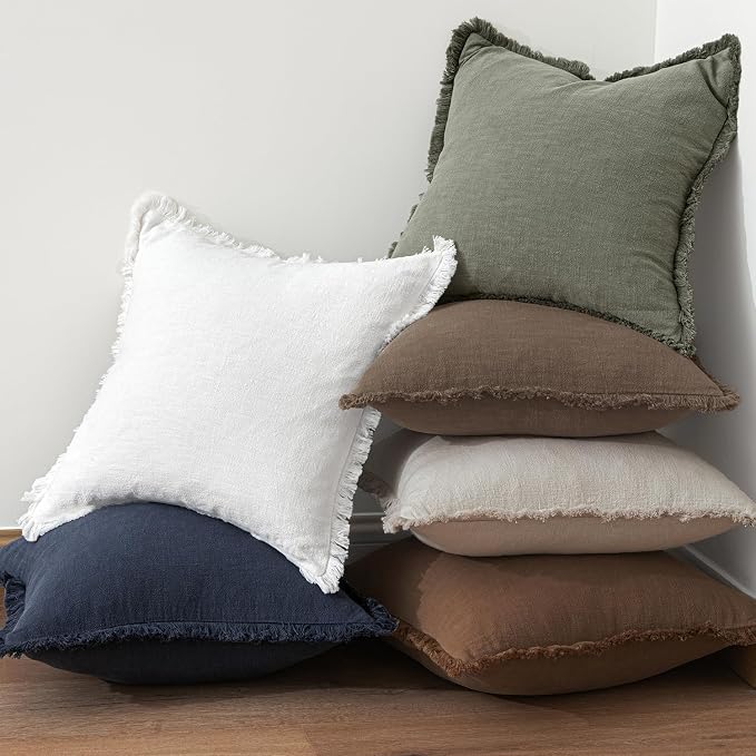 MIULEE Decorative Throw Pillow Covers Neutral Linen Fringe Throw Pillows Set of 2 Cocoa Brown Boho Farmhouse Cushion Covers for Couch Sofa Bed Living Room Fall Home Decor 22x22 Inch