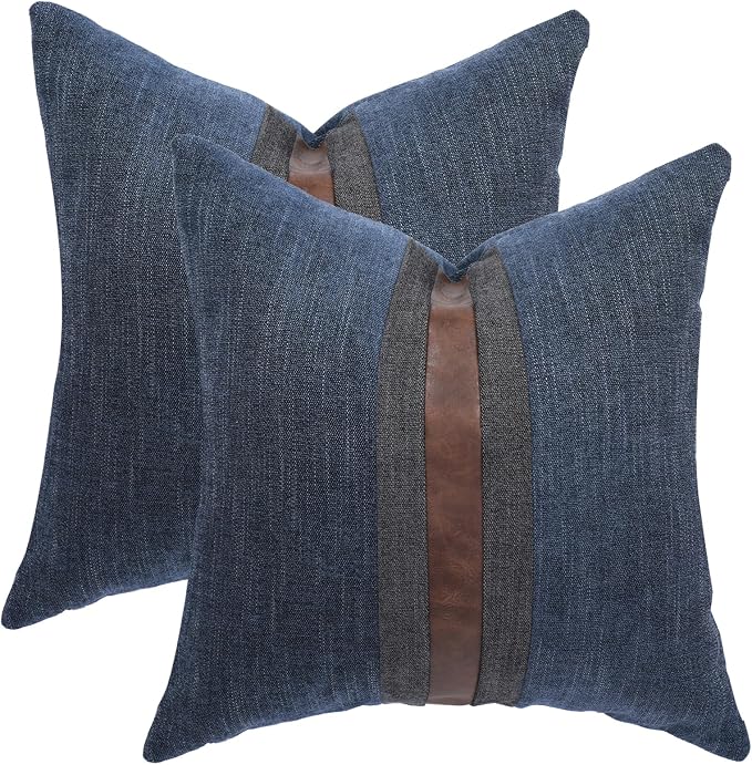 Set of 2 Leather Throw Pillow Covers Cotton Linen Decor Patchwork Pillow Cover Faux Leather Pillows Cover for Couch Sofa Living Room Bedroom,Navy Blue 22"x22"