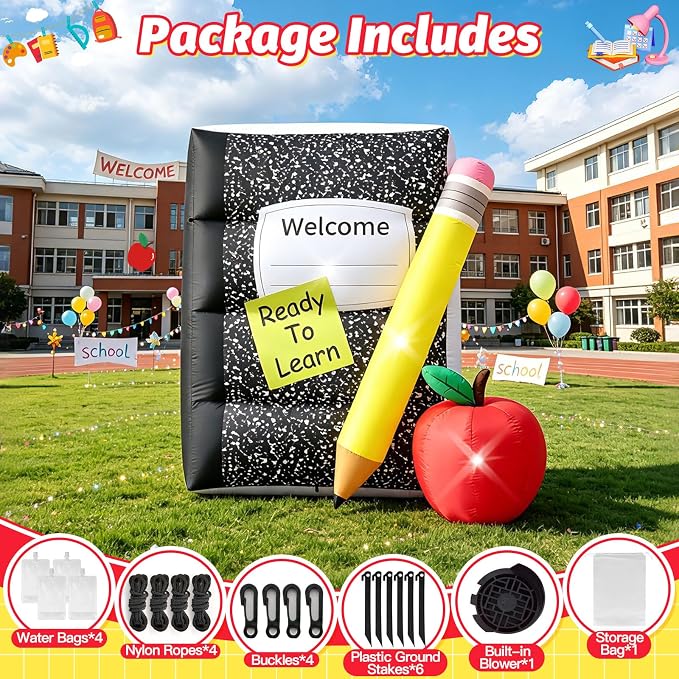 5FT Back to School Inflatable Outdoor Decorations Giant Blow Up Composition Notebook with Pencil,Built-in 3 LED Lights for First Day of School Welcome Party Classroom Garden Yard Decor Photo Props
