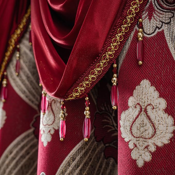Petrichor Elegant Curtains with Gold Silver Threads 2 Panels Set - Luxury Window Treatment Attached Valance, Sheer Backing, and 2 Tie Backs for Bedroom and Living Room, 54x95 inches, Burgundy