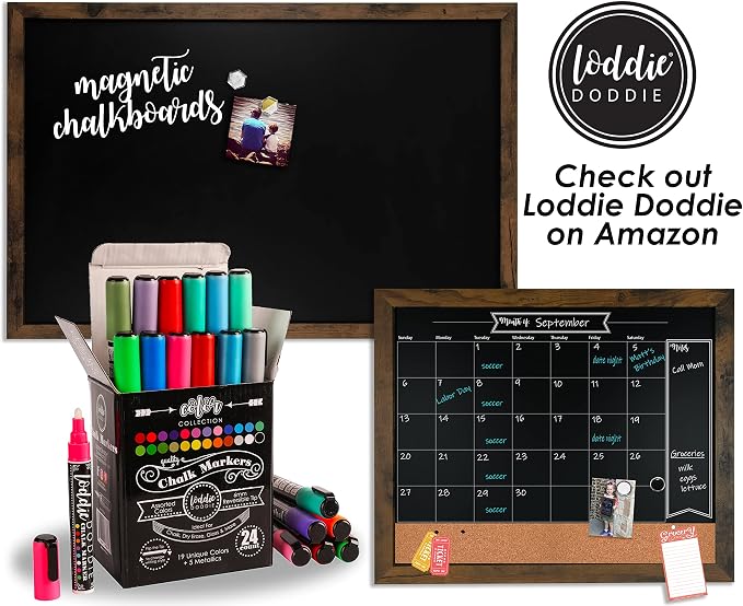 Loddie Doddie Magnetic Chalkboard - 24 x 36 in, Rustic Wood Frame - Stain Resistant Surface - Magnet Board for Wall & Photo Display - Chalkboard Calendar & Menu Sign