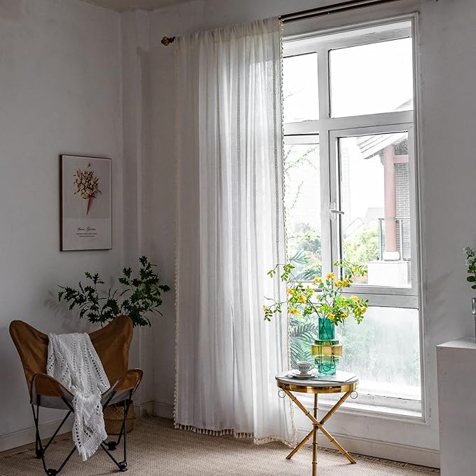 Boho Linen Curtains - 96 Inch Long, 2 Panel Off White Country Farmhouse Curtains for Bedroom & Living Room - Light Filtering Rod Pocket Drapes (52" W x 96" L, White)