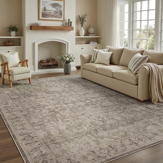 DCX Washable 5x7, Kid & Pet Friendly with Rubber Back Non Slip, Stain Resistant Vintage Rug for Living Room, Bedroom, Home Office, Soft Low Pile Large Farmhouse Distressed Carpet, Greige