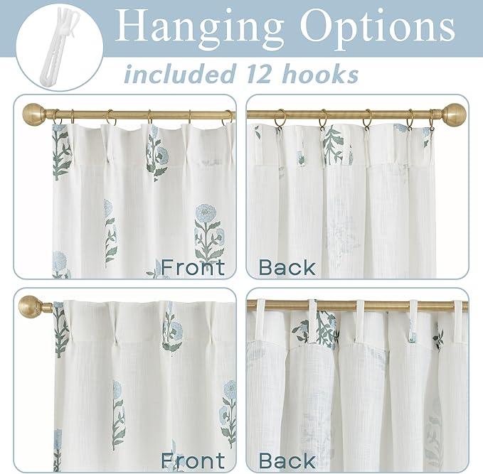 Pinch Pleated Floral Linen Curtains for Living Room, 90 Inch Blue and Green Pattern Semi Sheer Privacy Sliding Glass Door Curtains, Farmhouse Vintage Cottage Core Printed Sunroom Curtains