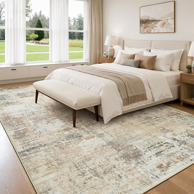 Rugflix 5x7 Area Rugs for Living Room, Washable Large Rug Stain-Resistant Low Pile, Modern Neutral Carpet for Dining Room Home Office Kid Room Nursery Bedroom, Brown Black Beige