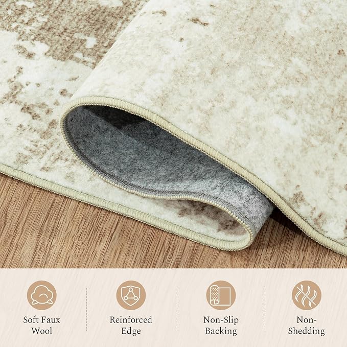 Rugflix 8x10 Area Rugs for Living Room, Washable Large Rug Stain-Resistant Low Pile, Modern Neutral Carpet for Dining Room Home Office Kid Room Nursery Bedroom, Beige