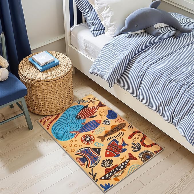 jinchan 2x3 Coastal Area Rug Kids Washable Fun Rug Colorful Ocean Fish Small Mat Non Slip Doormat Lightweight Soft Cozy Throw Carpet for Entryway Nursery Playroom Bedside Dorm Bathroom, Tan