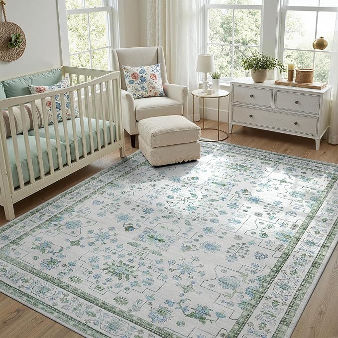 DCX Green 4x6 Rug, Kid & Pet Friendly with Rubber Back Non Slip, Machine Washable Stain Resistant Vintage Boho Floral Rug for Living Room, Bedroom, Soft Low Pile Large Nursery Carpet