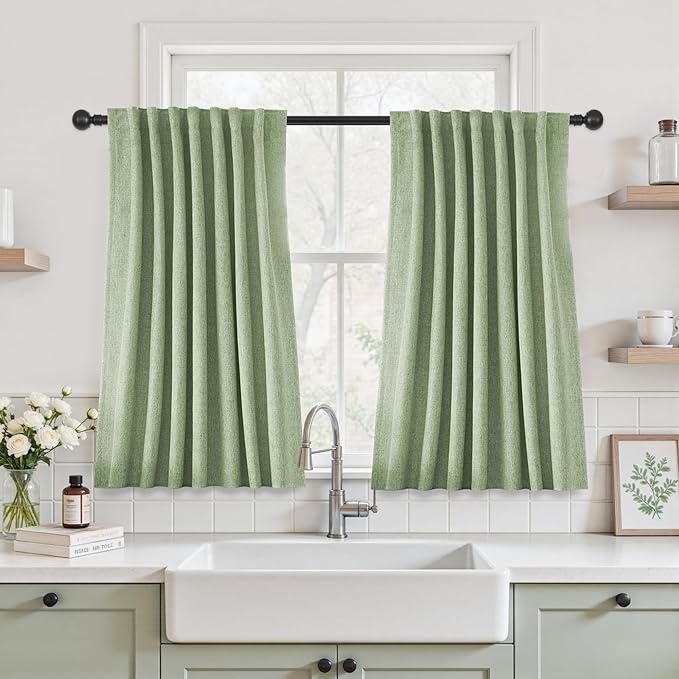 UHITECH Sage Green Blackout Linen Curtains for Bedroom 40 Inch Length Cream Black Out Curtain for Living Room 2 Panels Set Noise Reducing Modern Farmhouse Back Tab Window Drapes