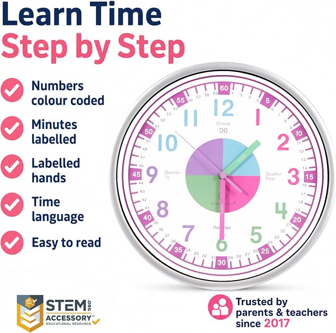 OWLCONIC Clock for Kids – Educational Analog Learning Wall Clock, Non Ticking Teaching Clock for Classroom & Homeschool, Silent Kids Bedroom Décor Pastel Pink