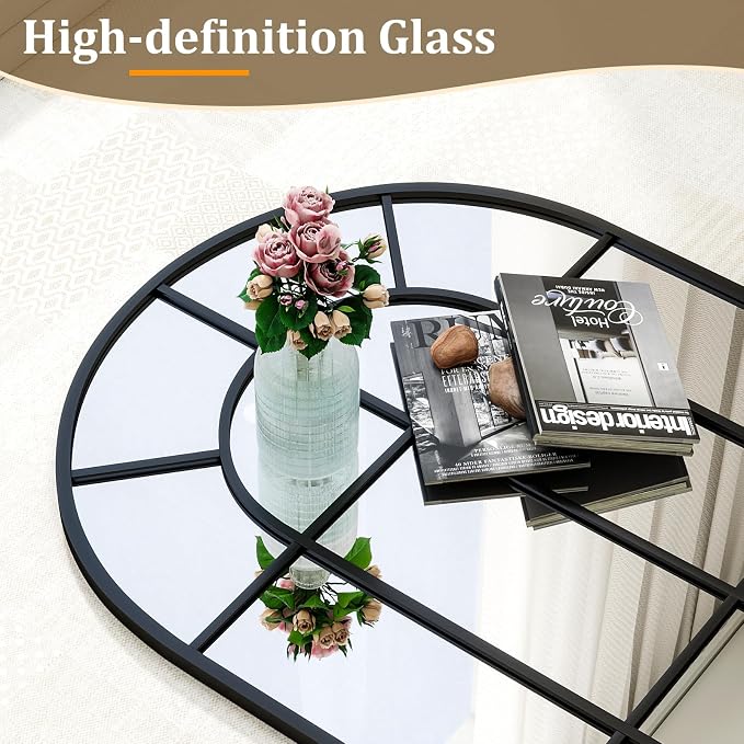 30"×40" Windowpane Arched Wall Mirror, Grid-Designed Decorative Farmhouse Wall Mounted Mirror with Metal Frame Hanging Leaning for Entryway, Living Room, Home Decor, Black