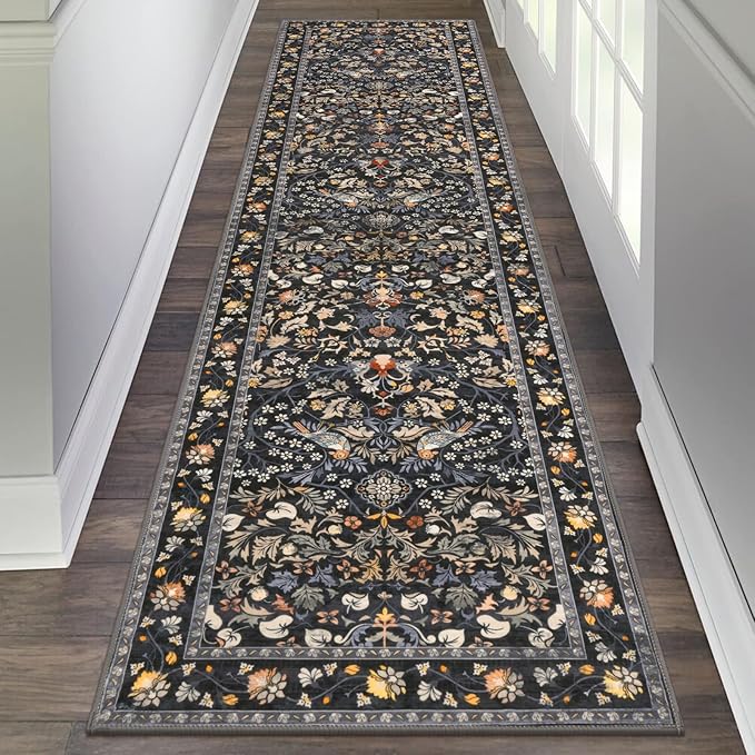 HEBE Washable Hallway Runner Rug 2'x 8' Non Slip Kitchen Rugs Runner, Low Pile Entryway Rug Laundry Room Mat Floral Carpet Runners for Hallways, Kitchen, Bathroom, Laundry, Bedside Rug