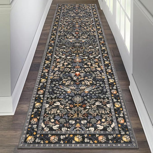 HEBE Washable Hallway Runner Rug 2'x 8' Non Slip Kitchen Rugs Runner, Low Pile Entryway Rug Laundry Room Mat Floral Carpet Runners for Hallways, Kitchen, Bathroom, Laundry, Bedside Rug