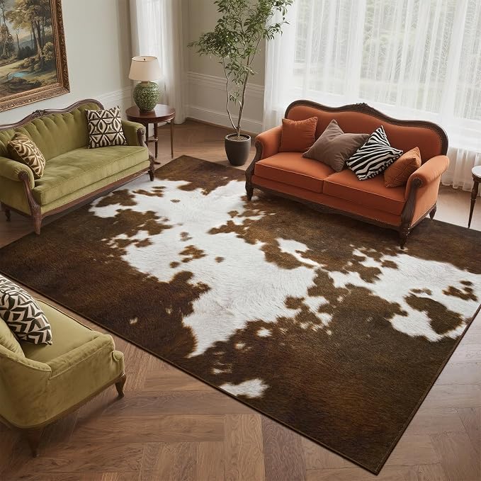 DweIke Cow Print Rugs for Living Room, 5x7 Soft Faux Animal Cowhide Area Rug, Washable Non-Slip Stain Resistant Throw Carpet for Dining Room Office Western Home Decor, Light Brown