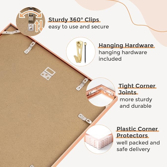 FLYJOE 12x12 Frame - Metal Square Picture Frame With Plexiglass 12x12 Frame With Mat for 8x8 Minimalist Modern Poster Frame Horizontally & Vertically Hanging Hardware Included, Rose Gold