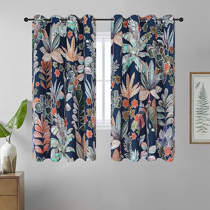 Estelar Textiler Leaves and Petals Pattern Blackout Curtains 63 inches Long Living Room,Grommet Thermal Insulated Room Darkening Drapes for Bedroom or Dining Room, 52x63 Inch (2 Panels), Navy Blue