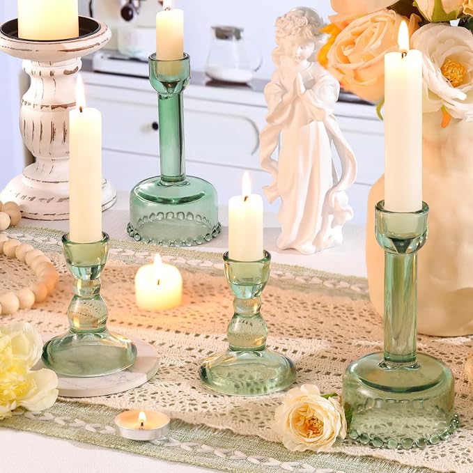 Lanttu 6 Pcs Green Glass Candlestick Holders Taper Candle Holder Bulk | Crystal Candle Holders for Wedding, Table Centerpiece, Home Decoration
