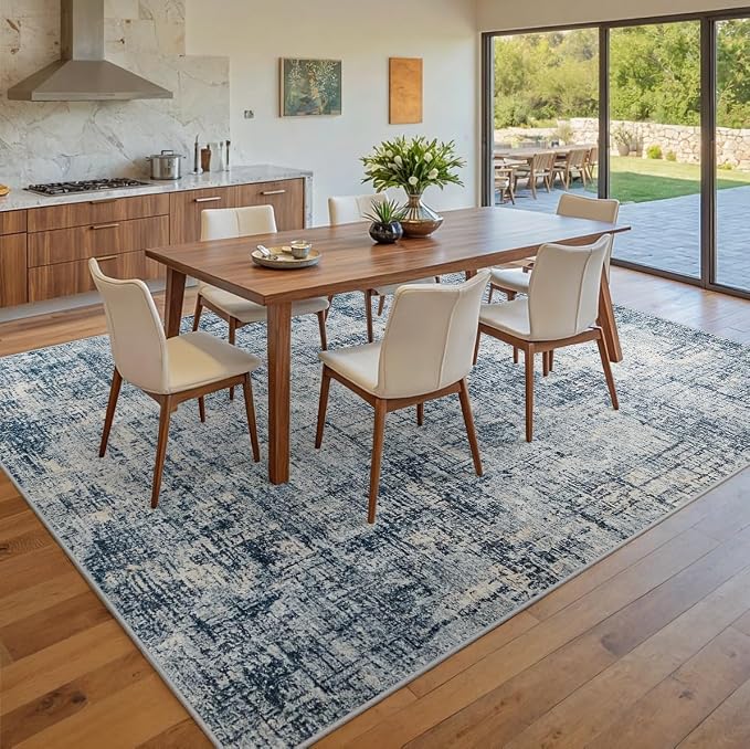 9x12 Area Rugs for Living Room Washable Rug: Anti-Skid Abstract Modern Living Room Rug Soft Thin Carpets Indoor Floor Non-Shedding Carpet for Bedroom Dining Farmhouse Nursery Home Office Blue Gold