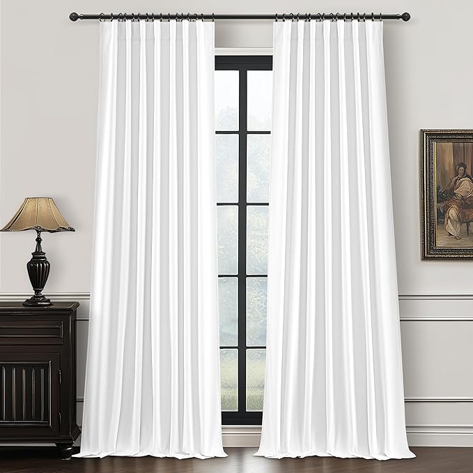 Brilliant White Linen Textured Blackout Curtains 108 Inches Long for Bedroom 2 Panels, Luxury Floor to Ceiling Pleated Drapes for Sliding Glass Doors Thermal Insulated Windows Curtains Rod Pocket