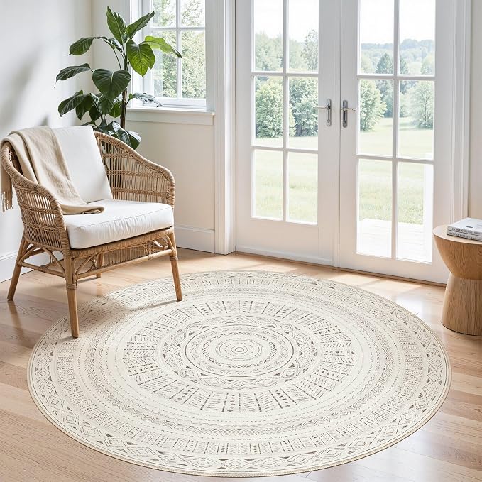 cotiled 5x5 Round Area Rugs Living Room Rug: Washable Boho Rugs with Non Slip Backing Large Soft Indoor Stain Resistant Carpet for Bedroom Farmhouse Dining Room Lightweight Home Decor L Brown/Cream