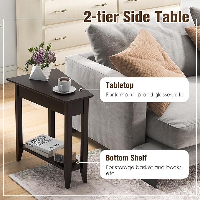 Giantex Wedge End Table Set of 2, Triangle Side Table with Storage Shelf and Solid Wood Legs, Recliner Table, 24.5" Tall Nightstand, Modern Narrow Accent Table for Small Space Living Room, Espresso