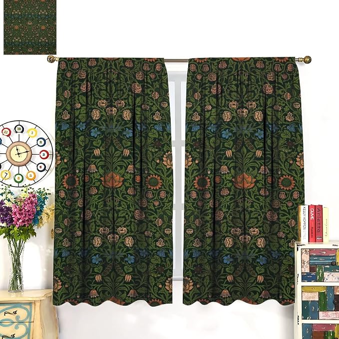 Bohemia Plant Flowers Pattern Blackout Window Curtains, William Morris Art Print Vintage Decor Curtains, for Living Room Bedroom 31.5(W)*63(L) 2 Panels
