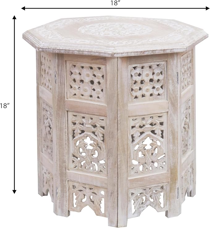 COTTON CRAFT Solid Wood End Table - Hand Carved Vintage Boho Folding Side Table - Small Spaces Entryway Accent Table - Farmhouse Living Room Bedside - No Tools Assembly - 18x18 Octagon - White Wash