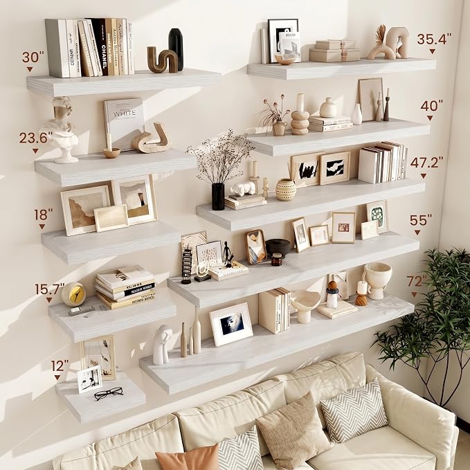 Vivelove 12" Deep Floating Shelves with Invisible Brackets, 60" Wall Shelves for Bathroom Bedroom Kitchen Living Room Laundry Room, Modern Rustic Shelves for Home, 60"x12"x2", Set of 1, White Birch