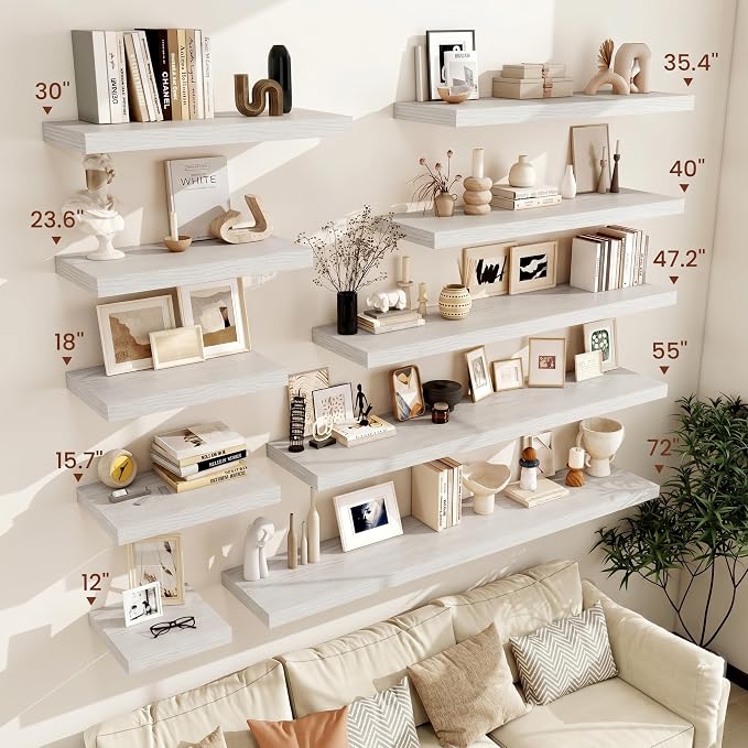 Vivelove 12 Deep Floating Shelves for Wall, 24 Inch Shelves for Room Wall Mounted, 2" Thick Floating Shelf for Living Room Bedroom Bathroom Kitchen Laundry Room, Set of 2 White Birch