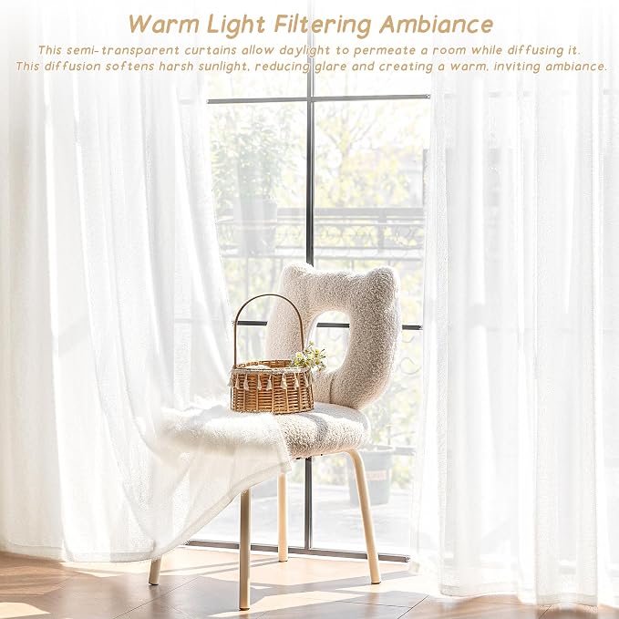 White Sheer Curtains 108 inch Long 2 panels for Living Room Modern Farmhouse White Fluff Curtains Back Tab Shabby Chic Boho Curtain Semi Sheer Nursery Kids Aesthetic Elegant Drape 52x108 Length