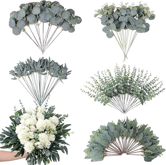 120 Pcs Mixed Eucalyptus Leaves Stems 5 Kinds Artificial Bulk Fake Silver Dollar Eucalyptus Bundle Faux Plants Greenery for DIY Wedding Vase Bouquets Floral Arrangement Engagement Decor （Green）