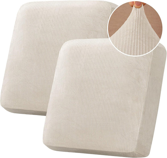 H.VERSAILTEX Velvet Stretch Couch Cushion Cover Plush Cushion Slipcover for Chair Loveseat Sofa Cushion Furniture Protector Seat Cushion Sofa Cover (2 Piece Large Sofa Cushion Covers, Ivory Striped)