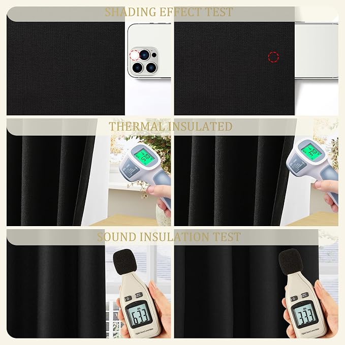 Jowels Black Linen Blackout Curtains 72 Length 2 Panels Set for Living Room Bedroom, 100% Black Out Thermal Insulated Linen Drapes, Room Darkening Grommet Curtains 72 Inches Long