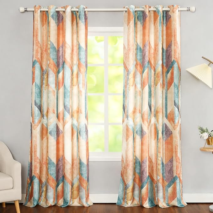 Leeva 50% Room Darkening Curtains, Orange Drapes for Living Room 84 Inch Length 2 Panels, Linen Textured Geometric Window Curtain for Bedroom Decor, Grommet Top