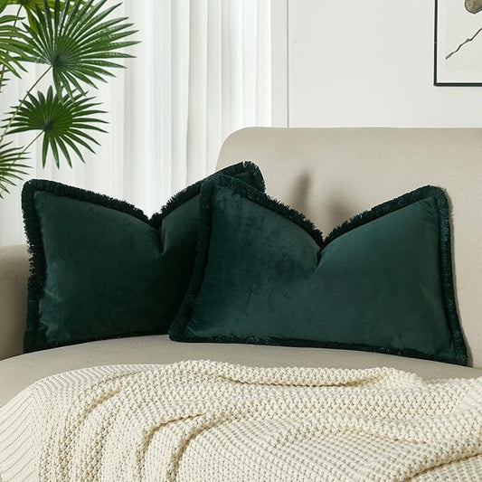 JUSPURBET Military Green Velvet Throw Pillow Covers 16x24 Inch Set of 2 with Soft Tassel Fringe Luxury Boho Pillowcase for Sofa Couch Bed Home Decor Machine Washable
