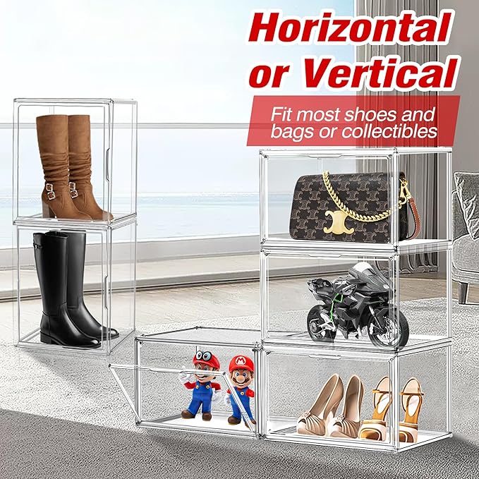 5 Pack XXX-Large Acrylic Handbag Organizer 17.7''x13''x13'' Tall Boots Storage Organizer Clear Big Display Case with Dustproof Magnetic Lid Stackable Plastic Box for Shoes, Helmet, Boots, Figures