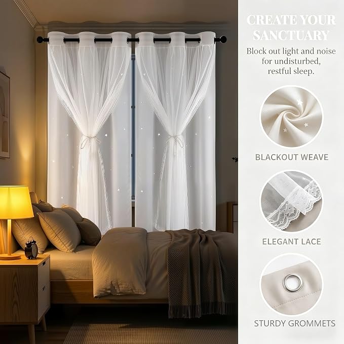Kids Star Cutout Curtains for Bedroom/Living Room/Classroom,2 Free Tiebacks Sheer Overlay 95 Inches 2 Panel Set, Double Layer Curtains for Kids Room(W52xL95 Inches,Greyish White 2 Pcs)