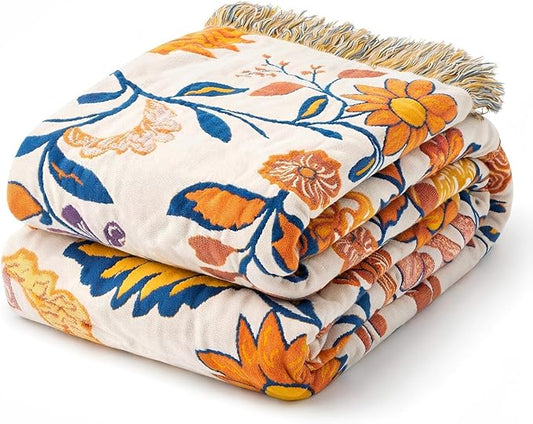 100% Cotton Boho Throw Blanket for Home Decor – Classic Farmhouse Quilt Bedding, Muslin Blankets for Adults, Vintage Woven Decorative Blanket for Couch, Bed Layering Use, Botanic Floral, 90"x90"
