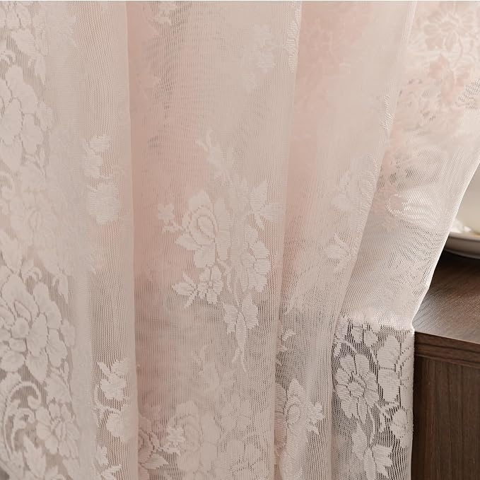 Kotile Blush Pink Sheer Curtains 63 Inch Length, 2 Panels, W42 x L63 Inch Each, Country Rustic Floral Coquette Lace Curtains for Bedroom, Rod Pocket Light Filtering Privacy Window Sheer Lacy Curtain