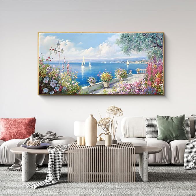 XLSJERST Large Coastal Wall Art - Ocean Seascape Canvas Yellow Green Flowers Painting Landscape Sailboat Picture Artwork Modern Large Framed for Living Room Bedroom Home Office Decor 24x48