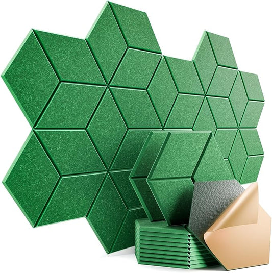 12 Pack Self-Adhesive Acoustic Panels 12" X 10" X 0.4" - Sound Proof Foam Panels for wall, Y-Lined Design, Flame Resistant, Absorb Noise and Eliminate Echoes(Muted Green)