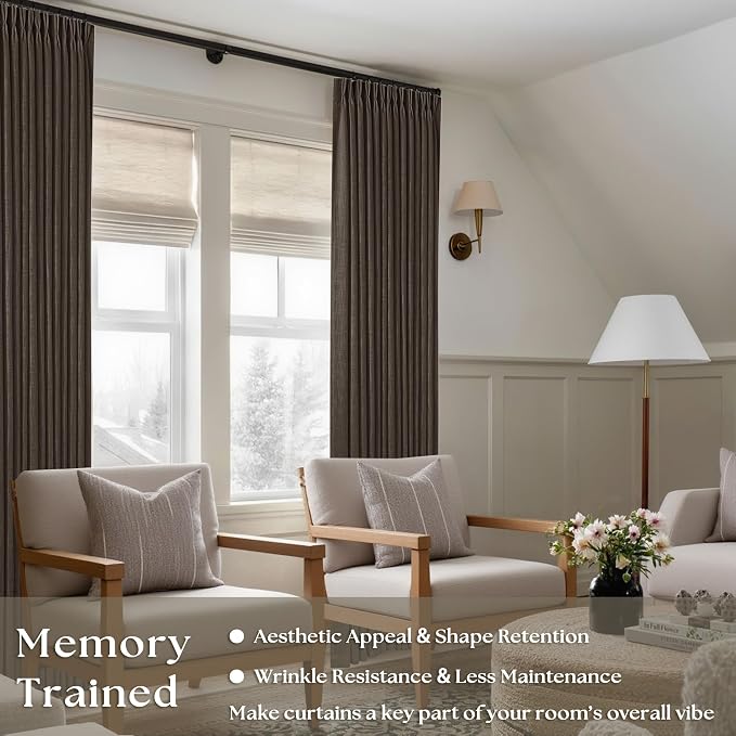 TWODRAPES Dark Chocolate Pinch Pleated Linen Curtains 2 Panels for Living Room Bedroom Memory Training Shaped Semi Sheer Pleat Drapes with Hooks Rings Light Filtering Window Curtain 40x102