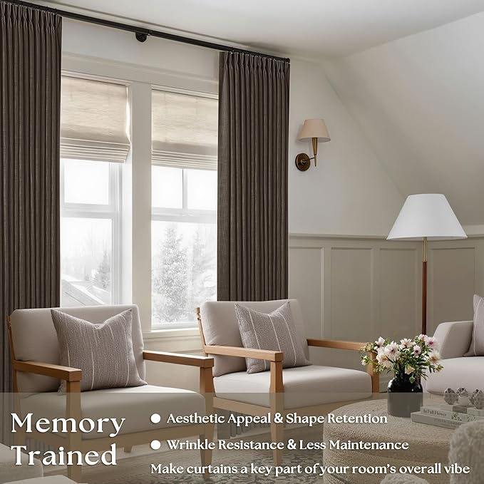 TWODRAPES Dark Chocolate 80 Inch Pinch Pleated Linen Curtains 2 Panels for Living Room Bedroom Memory Training Shaped Semi Sheer Pleat Drapes with Hooks Rings Light Filtering Window Curtain 40x80