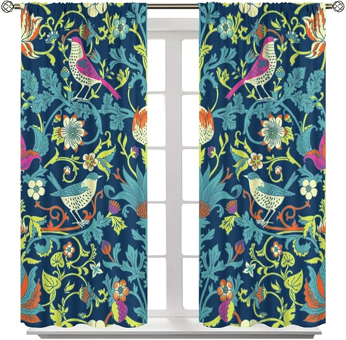 Boho William Morris Art Blackout Window Curtains, Magical Forest Vintage Flowers and Birds Rod Pocket Curtains, for Living Room Bedroom 36(W)*63(L) 2 Panels