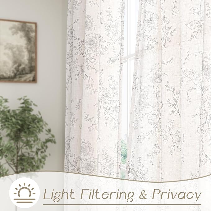 Vintage Floral Curtains 63 inch Length 2 Panels Set for Living Room Grey and Cream Printed Curtains Back Tab Neutral Farmhouse Bedroom Curtains Cottage Style Pretty Flower Patterned Linen Drapes