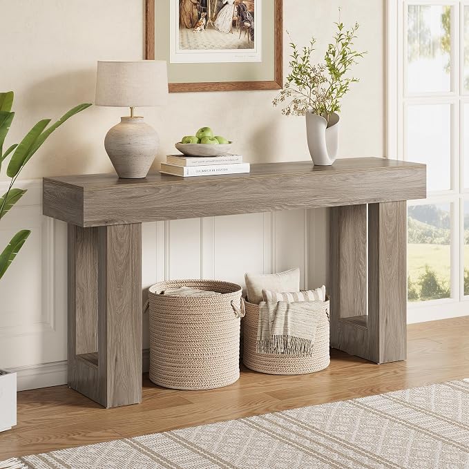 LITTLE TREE 63-Inch Long Console Tables for Entryway, Large Sofa Table Behind Couch, Grey Wooden Entry Foyer Hallway Table, Industrial Console Sofa Tables for Living Room
